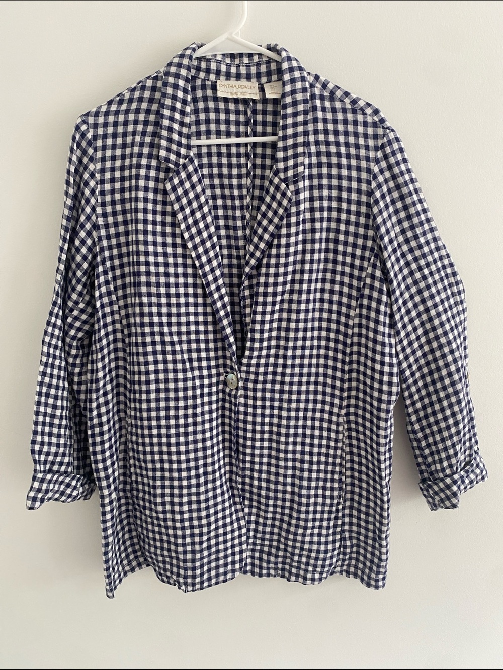 Cynthia Rowley Gingham Linen Jacket Roll
Tab Sleeves Navy White Size LARGE